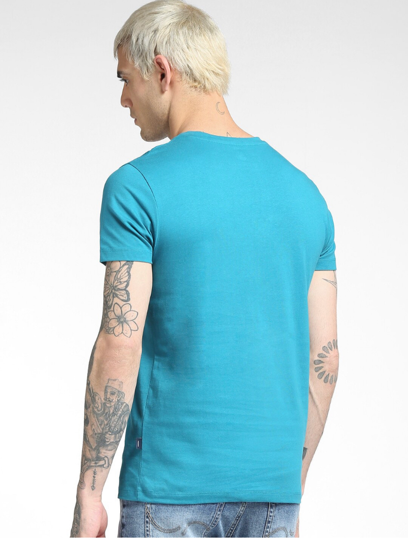 Men Blue Printed Slim Fit Cotton T-shirt-1535369003