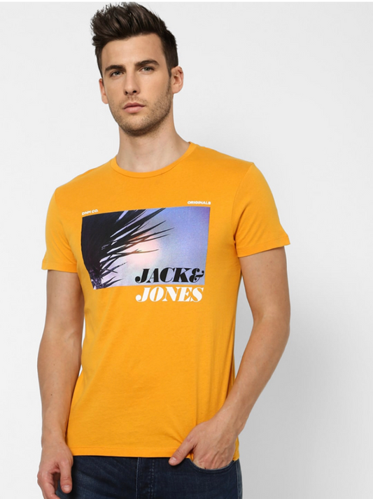 Men Mustard Yellow Printed Round Neck T-shirt-2502883019