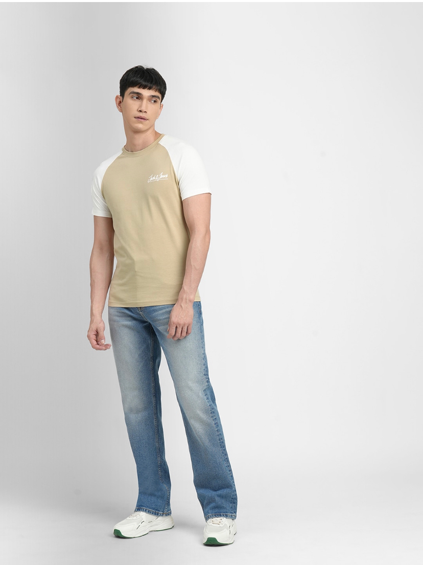 Men White & Beige Colourblocked Slim Fit Pure Cotton T-shirt-1051654008