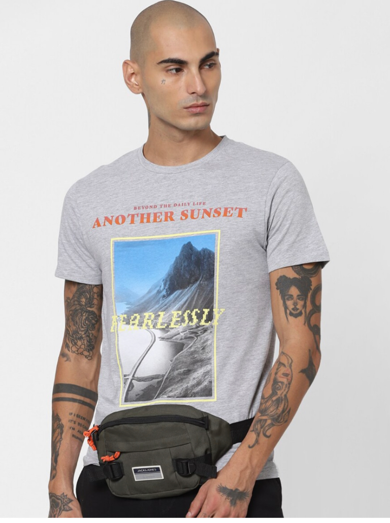 Men Grey & Blue Printed Slim Fit T-shirt-1710112012