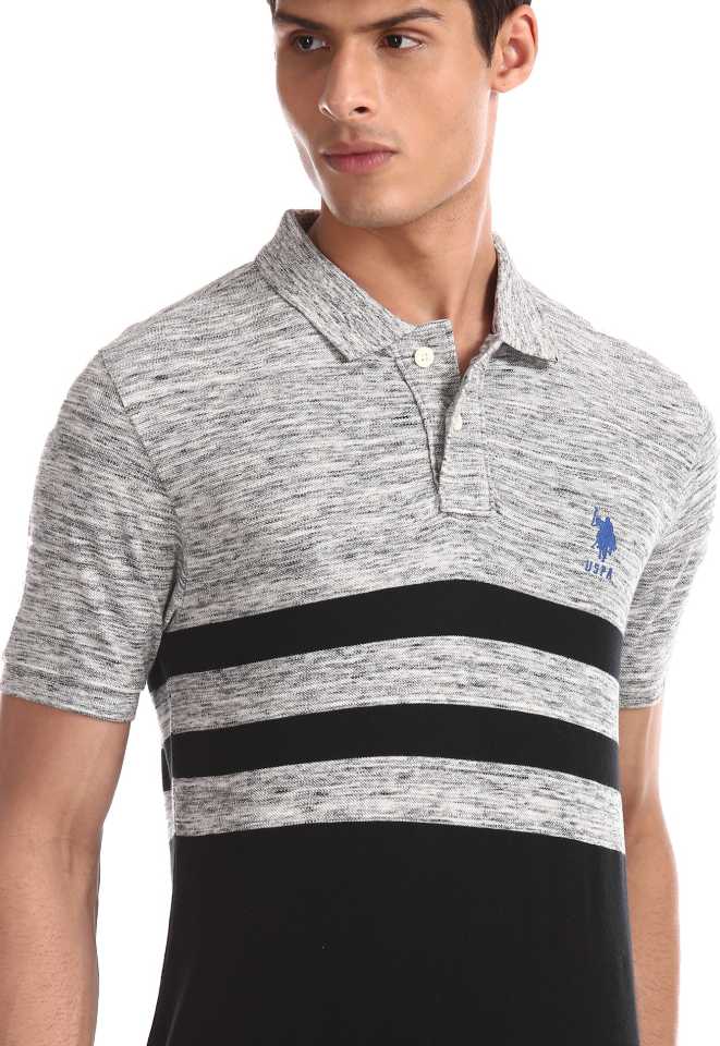 Color Block Men Polo Neck Grey, Black T-Shirt-Usts6128